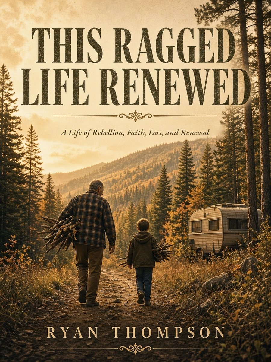 This Ragged Life Renewed: A Life of Rebellion, Faith, Loss, and Renewal, by Ryan Thompson. The cover shows a man and a boy, each carrying an armful of firewood, walking a dirt path through pine-covered mountains at golden hour toward an old camper trailer.