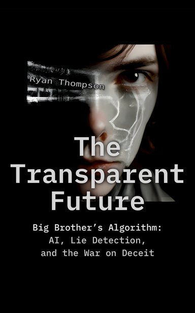 The Transparent Future cover: a young man’s face half covered by a cracked, glitching digital mask on a black background, with the author’s name, Ryan Thompson, in a glitch bar at top left and the subtitle “Big Brother’s Algorithm: AI, Lie Detection, and the War on Deceit”