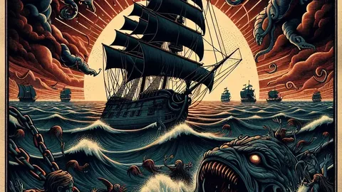 Pirate ship on a stormy sea under a red moon