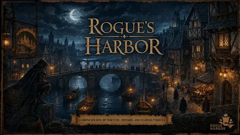 Rogue’s Harbor title over a night harbour town