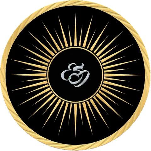 Gold sunburst emblem with a monogram