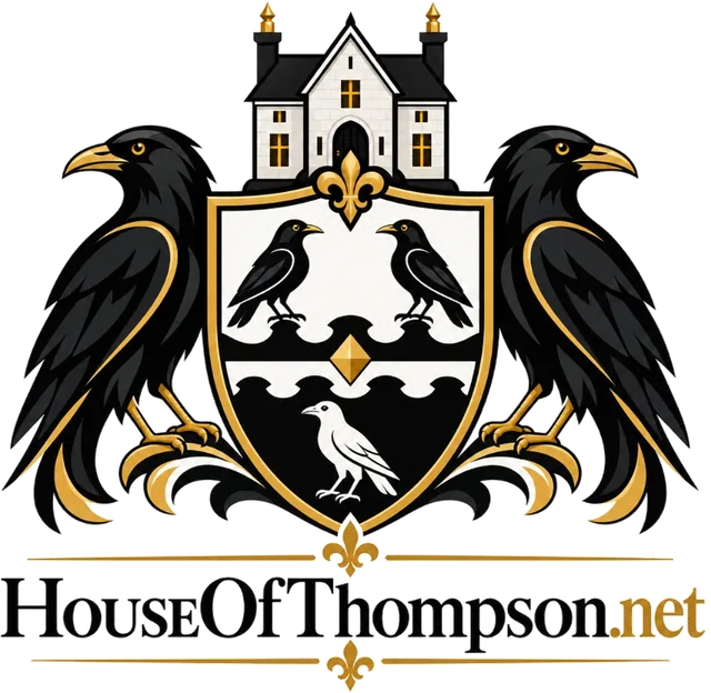 House of Thompson crest with two ravens and a house