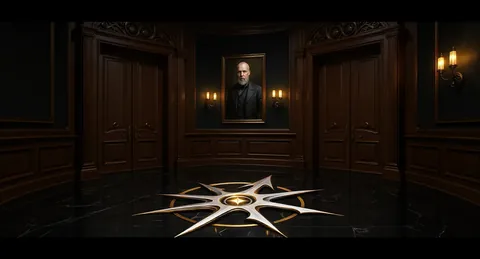 Dark marble hall with a glowing star inlaid in the floor