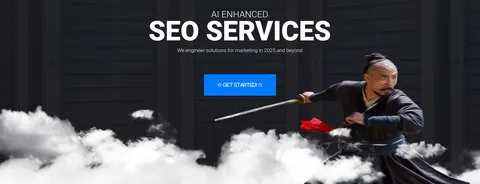 AI Enhanced SEO Services hero: a samurai with a sword above clouds beside a Get Started button