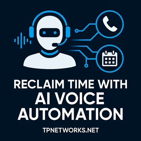 AI voice automation promo graphic with a headset icon