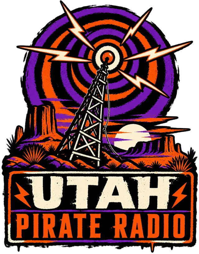 Utah Pirate Radio badge with a radio tower and a skull